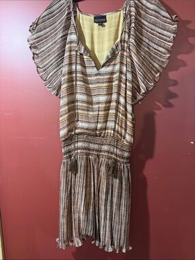 Brown Striped Flutter-Sleeve Midi Dress